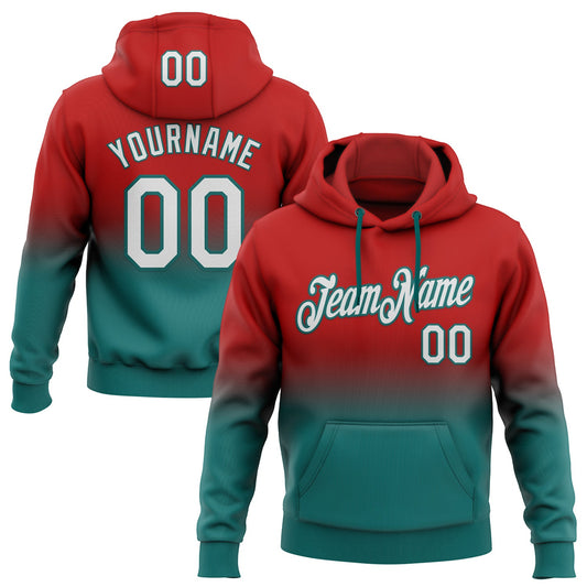 Custom Stitched Red White-Teal Fade Fashion Sports Pullover Sweatshirt Hoodie - Main View