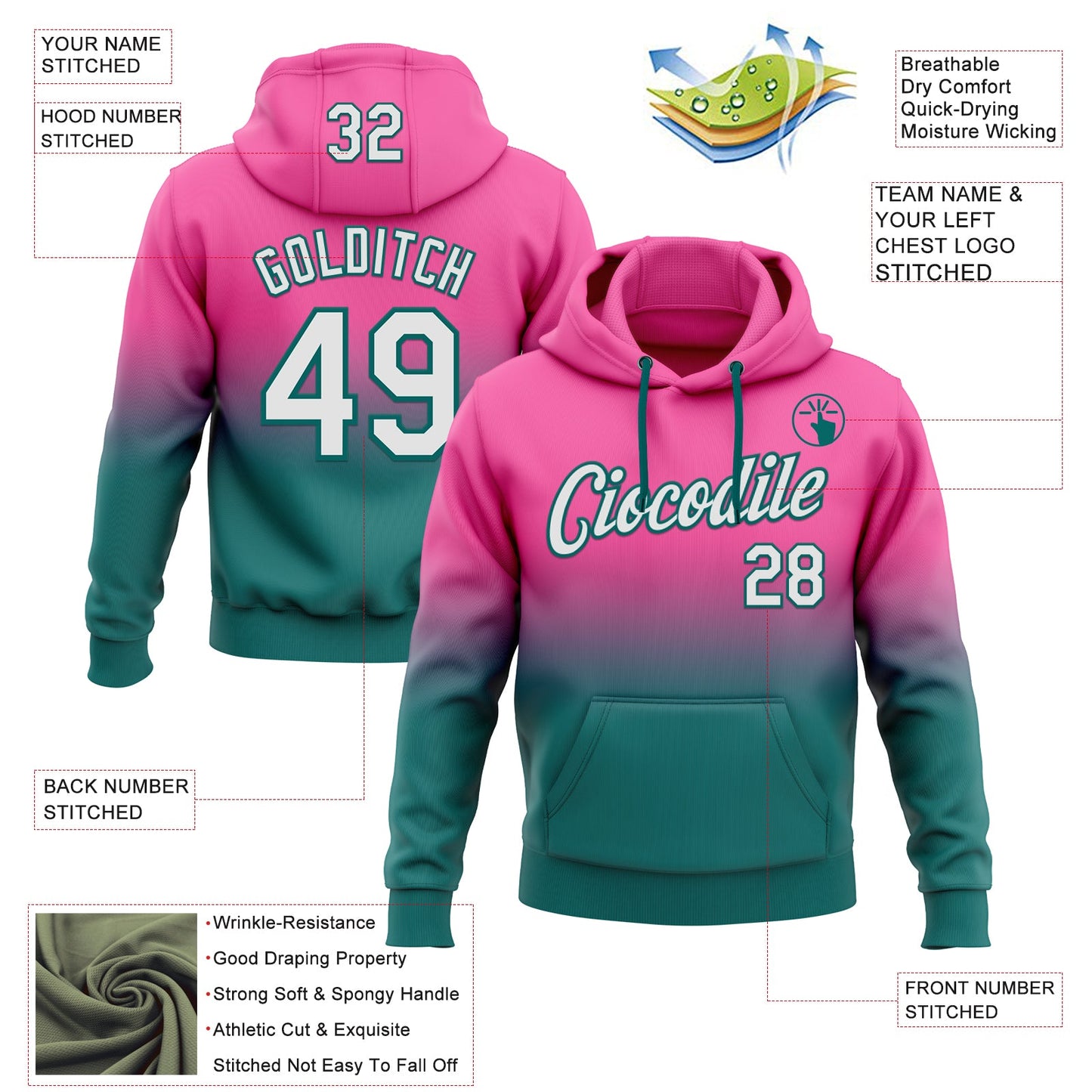 Custom Stitched Pink White-Teal Fade Fashion Sports Pullover Sweatshirt Hoodie view 2