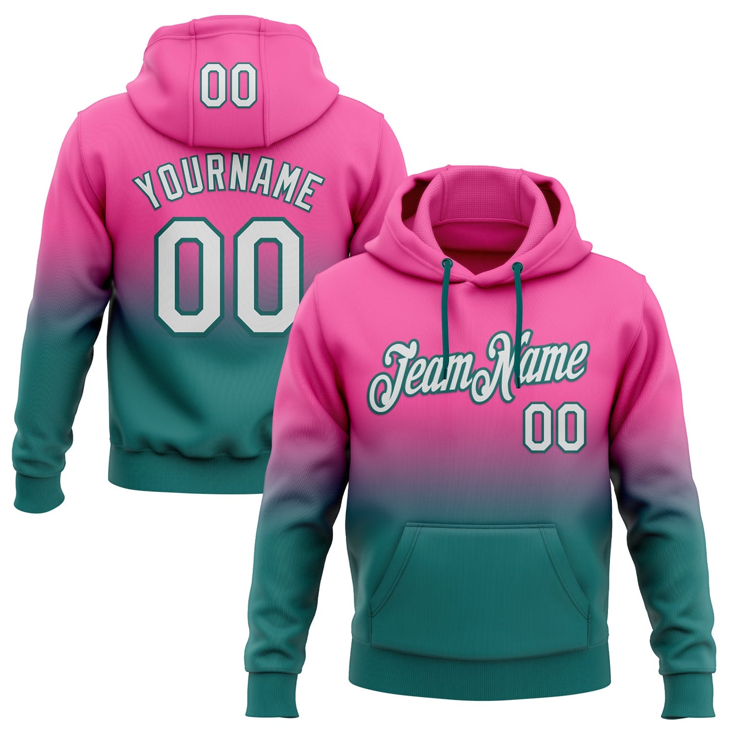 Custom Stitched Pink White-Teal Fade Fashion Sports Pullover Sweatshirt Hoodie - Main View