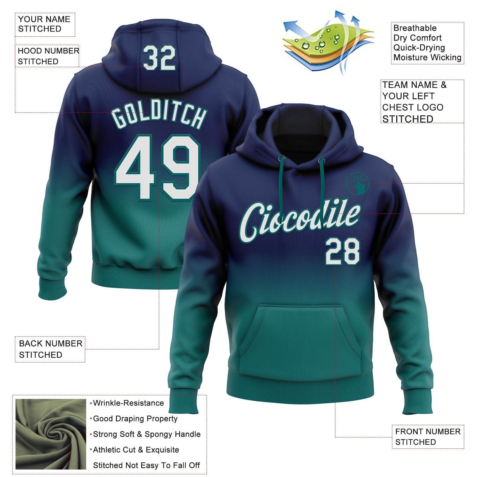 Custom Stitched Navy White-Teal Fade Fashion Sports Pullover Sweatshirt Hoodie view 2