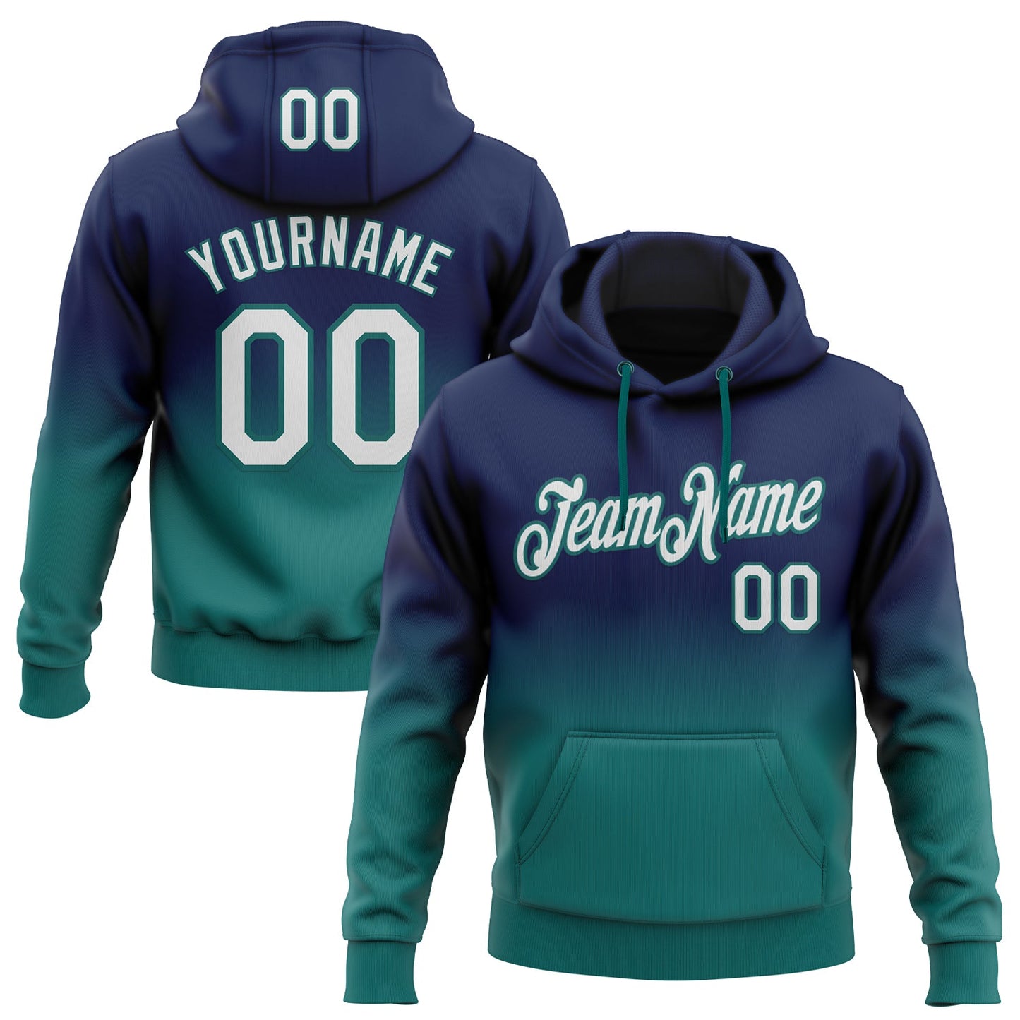 Custom Stitched Navy White-Teal Fade Fashion Sports Pullover Sweatshirt Hoodie - Main View