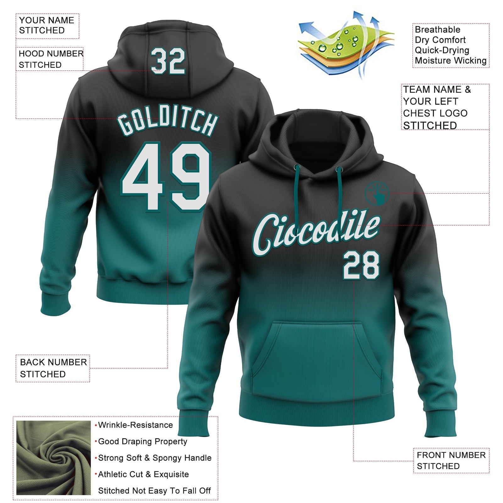 Custom Stitched Black White-Teal Fade Fashion Sports Pullover Sweatshirt Hoodie view 2