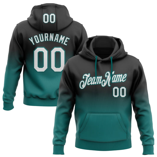 Custom Stitched Black White-Teal Fade Fashion Sports Pullover Sweatshirt Hoodie - Main View