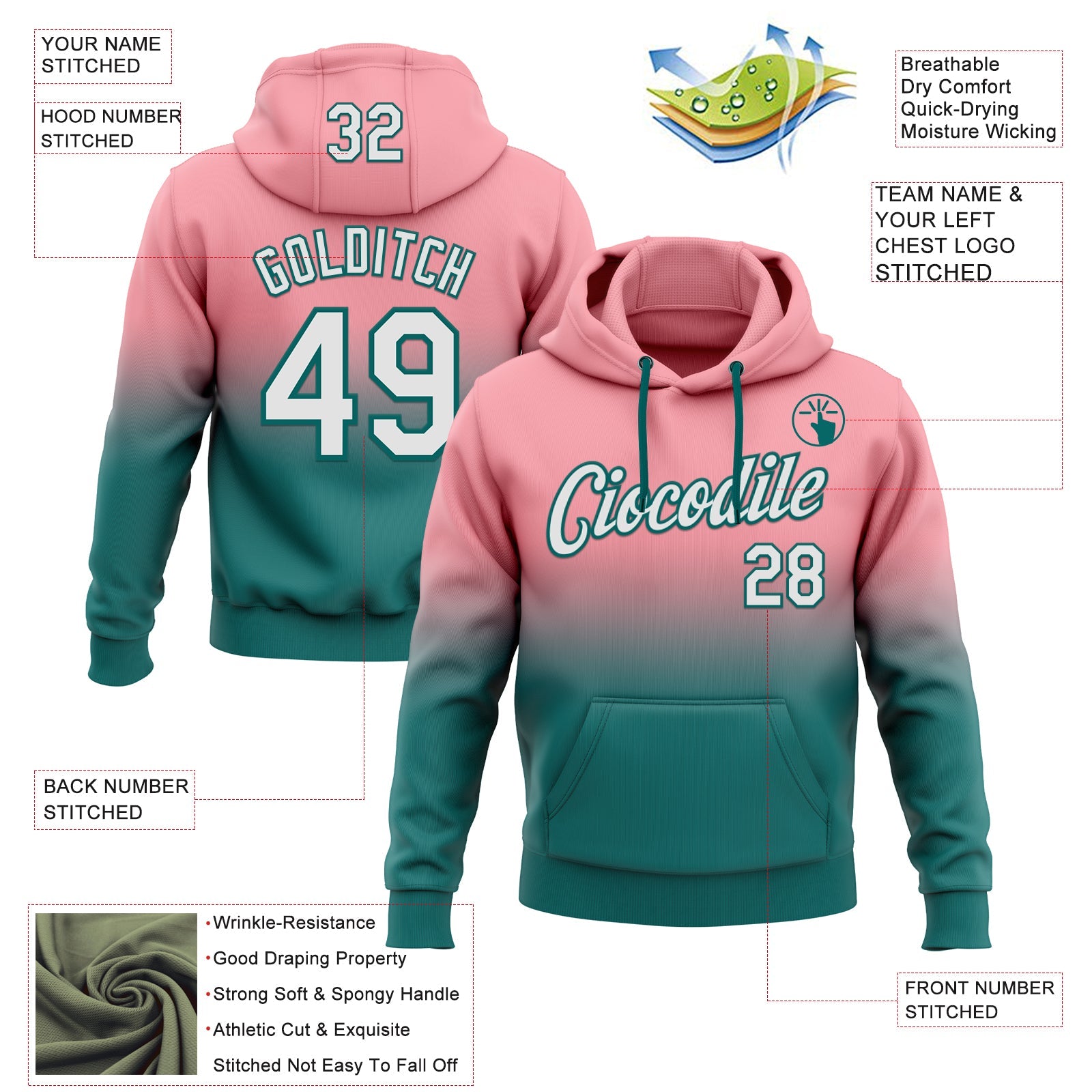 Custom Stitched Medium Pink White-Teal Fade Fashion Sports Pullover Sweatshirt Hoodie view 2