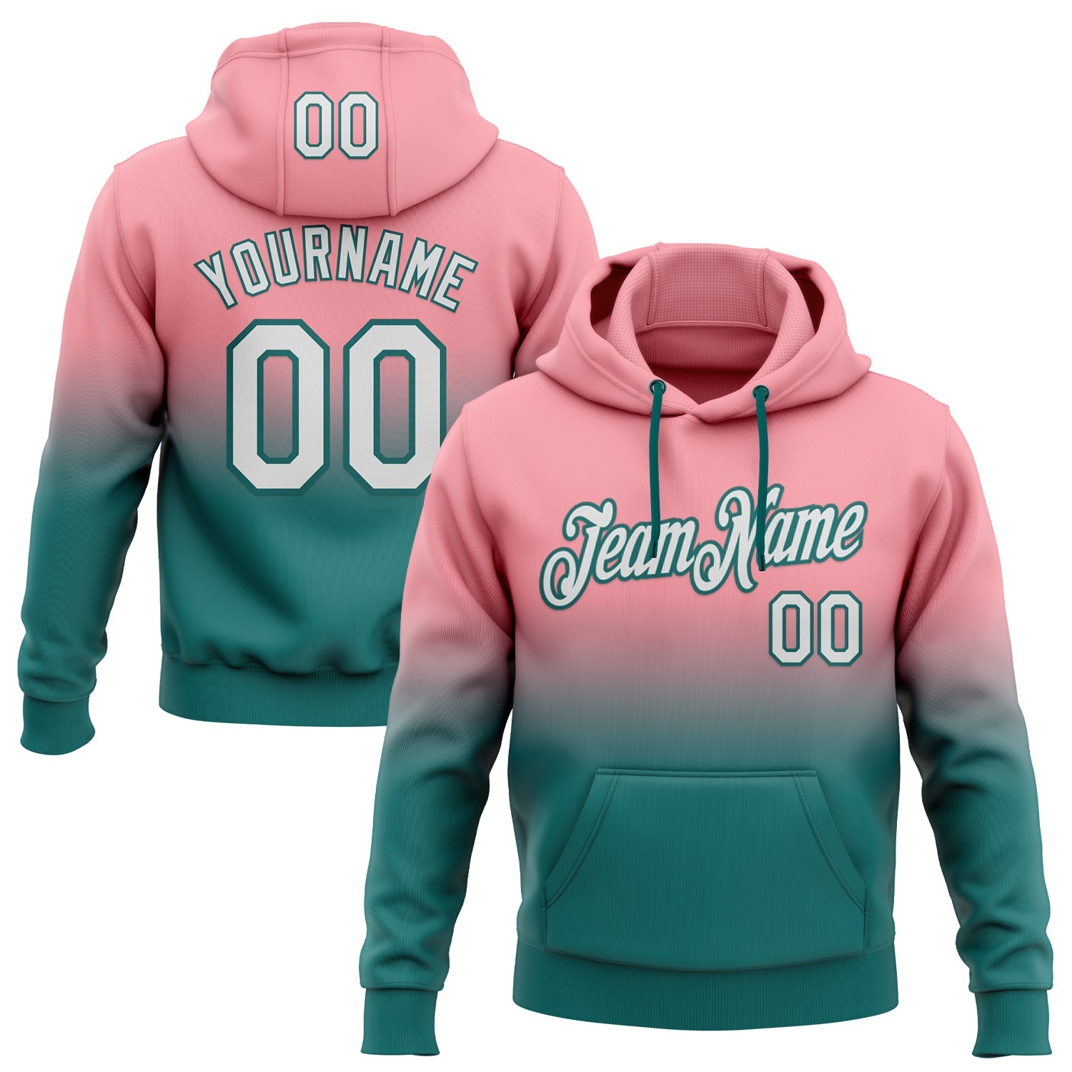 Custom Stitched Medium Pink White-Teal Fade Fashion Sports Pullover Sweatshirt Hoodie - Main View