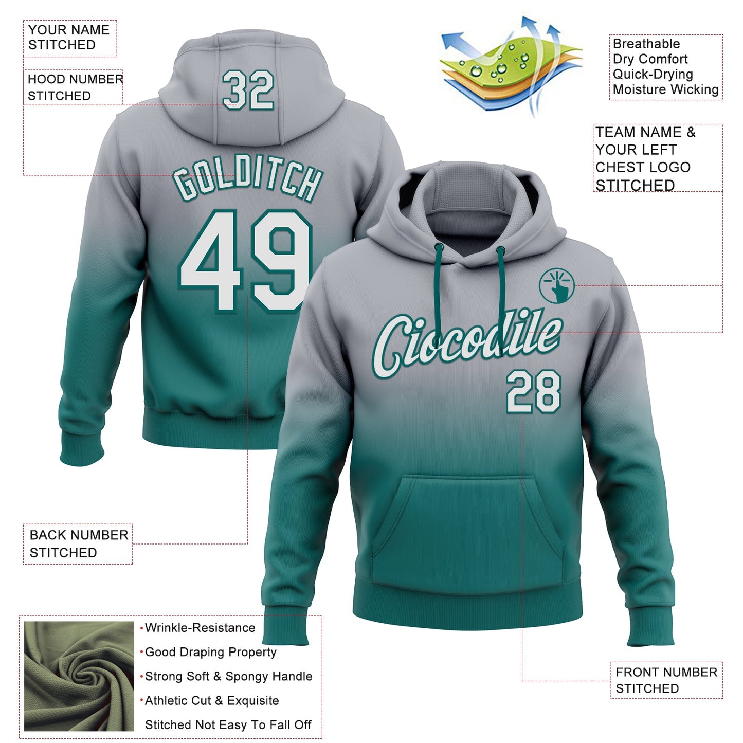 Custom Stitched Gray White-Teal Fade Fashion Sports Pullover Sweatshirt Hoodie view 2