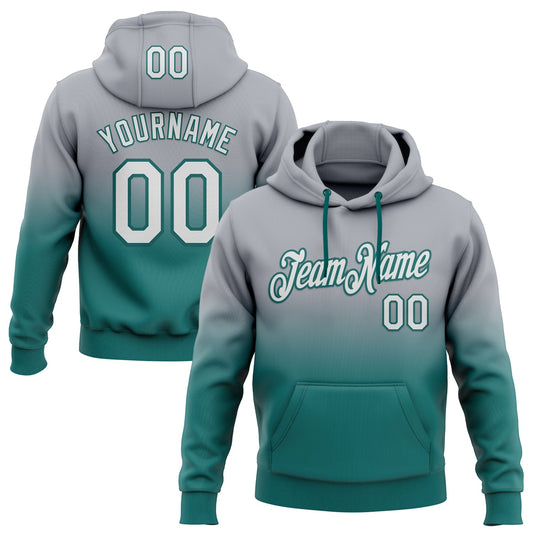 Custom Stitched Gray White-Teal Fade Fashion Sports Pullover Sweatshirt Hoodie - Main View