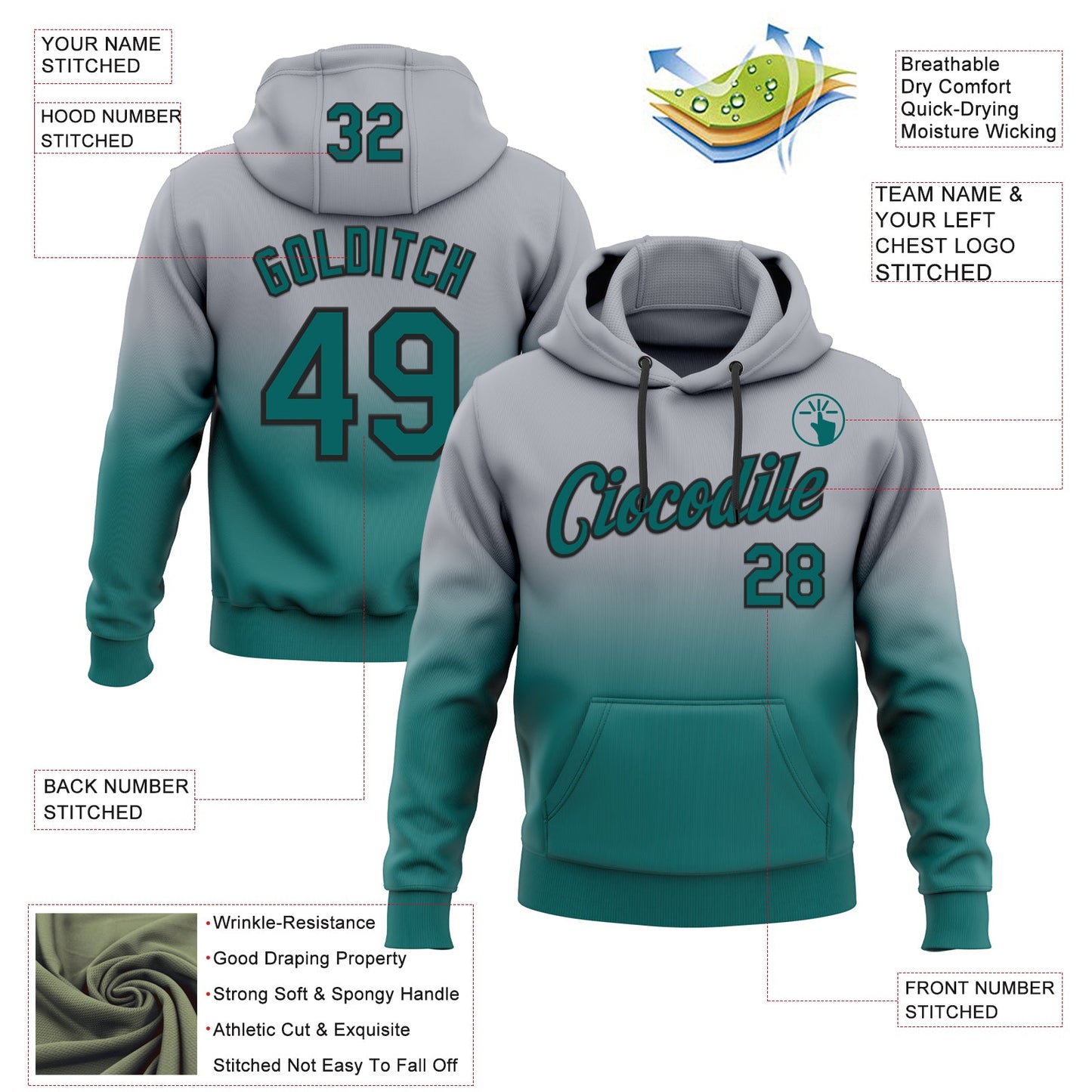 Custom Stitched Gray Teal-Black Fade Fashion Sports Pullover Sweatshirt Hoodie view 2