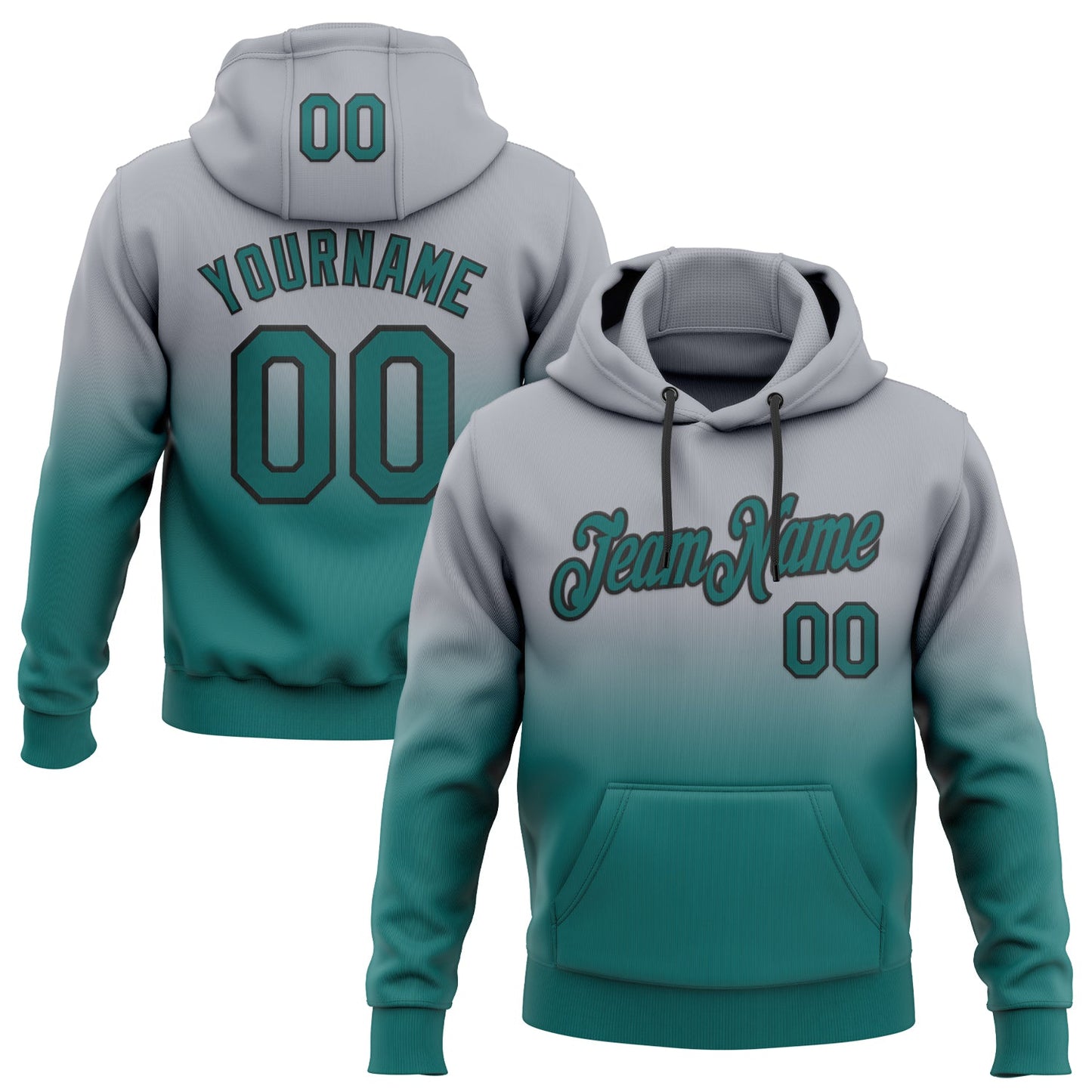 Custom Stitched Gray Teal-Black Fade Fashion Sports Pullover Sweatshirt Hoodie - Main View
