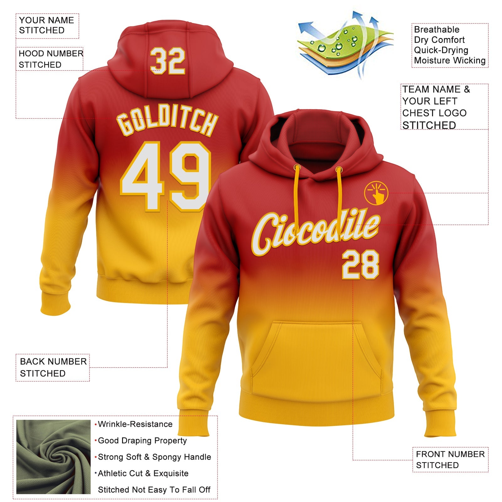 Custom Stitched Red White-Gold Fade Fashion Sports Pullover Sweatshirt Hoodie view 2
