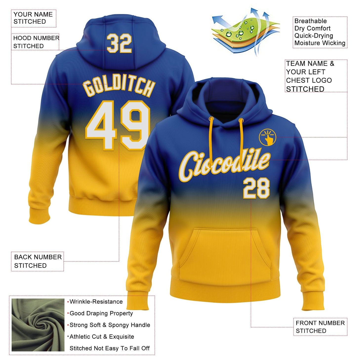 Custom Stitched Royal White-Gold Fade Fashion Sports Pullover Sweatshirt Hoodie view 2
