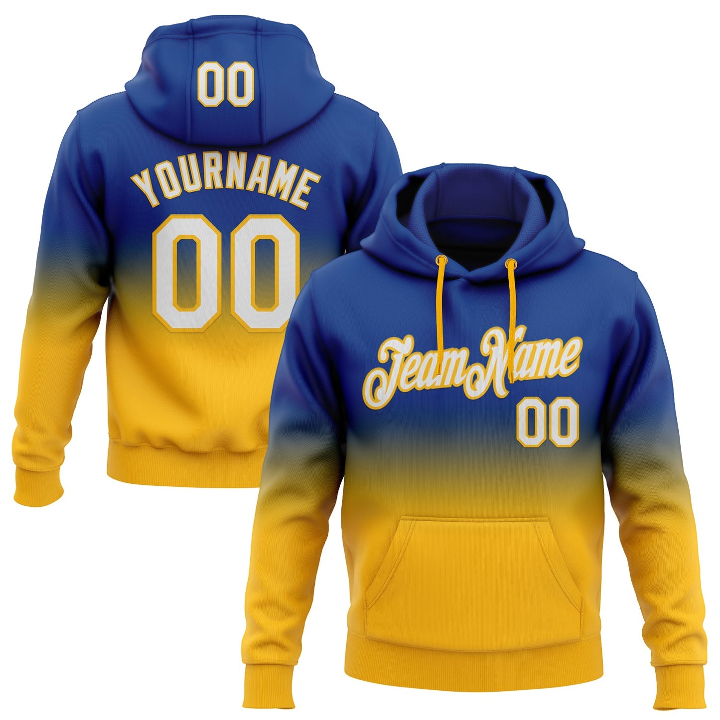 Custom Stitched Royal White-Gold Fade Fashion Sports Pullover Sweatshirt Hoodie - Main View