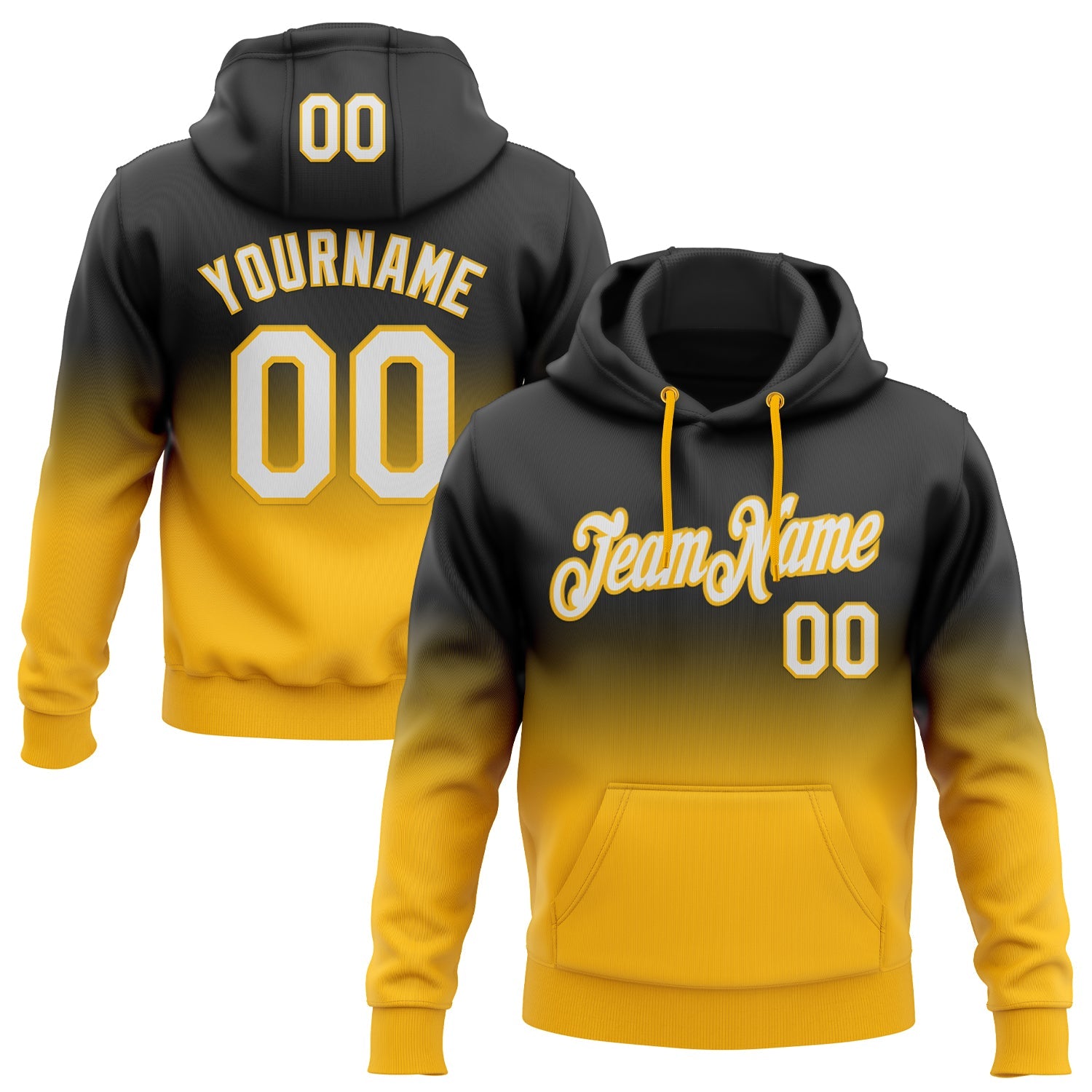 Custom Stitched Black White-Gold Fade Fashion Sports Pullover Sweatshirt Hoodie - Main View