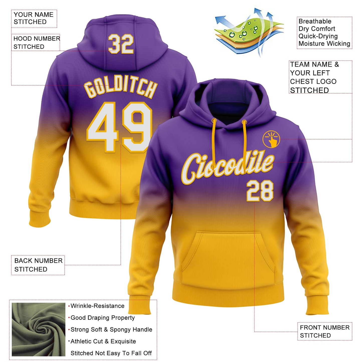 Custom Stitched Purple White-Gold Fade Fashion Sports Pullover Sweatshirt Hoodie view 2