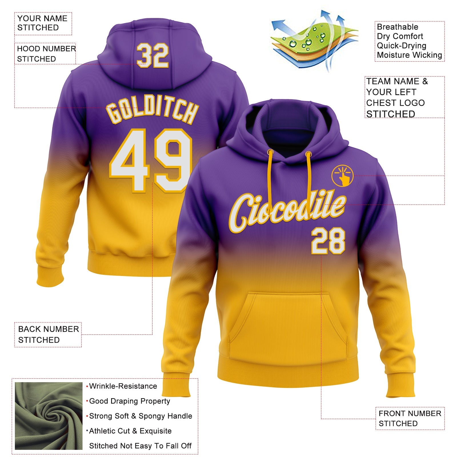 Custom Stitched Purple White-Gold Fade Fashion Sports Pullover Sweatshirt Hoodie view 2