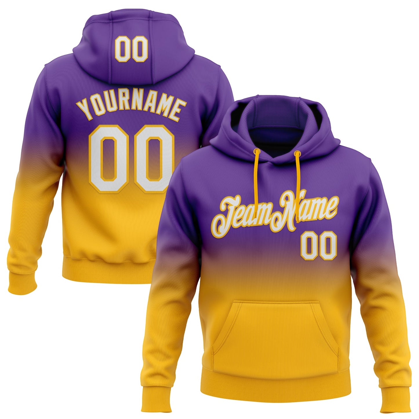 Custom Stitched Purple White-Gold Fade Fashion Sports Pullover Sweatshirt Hoodie - Main View