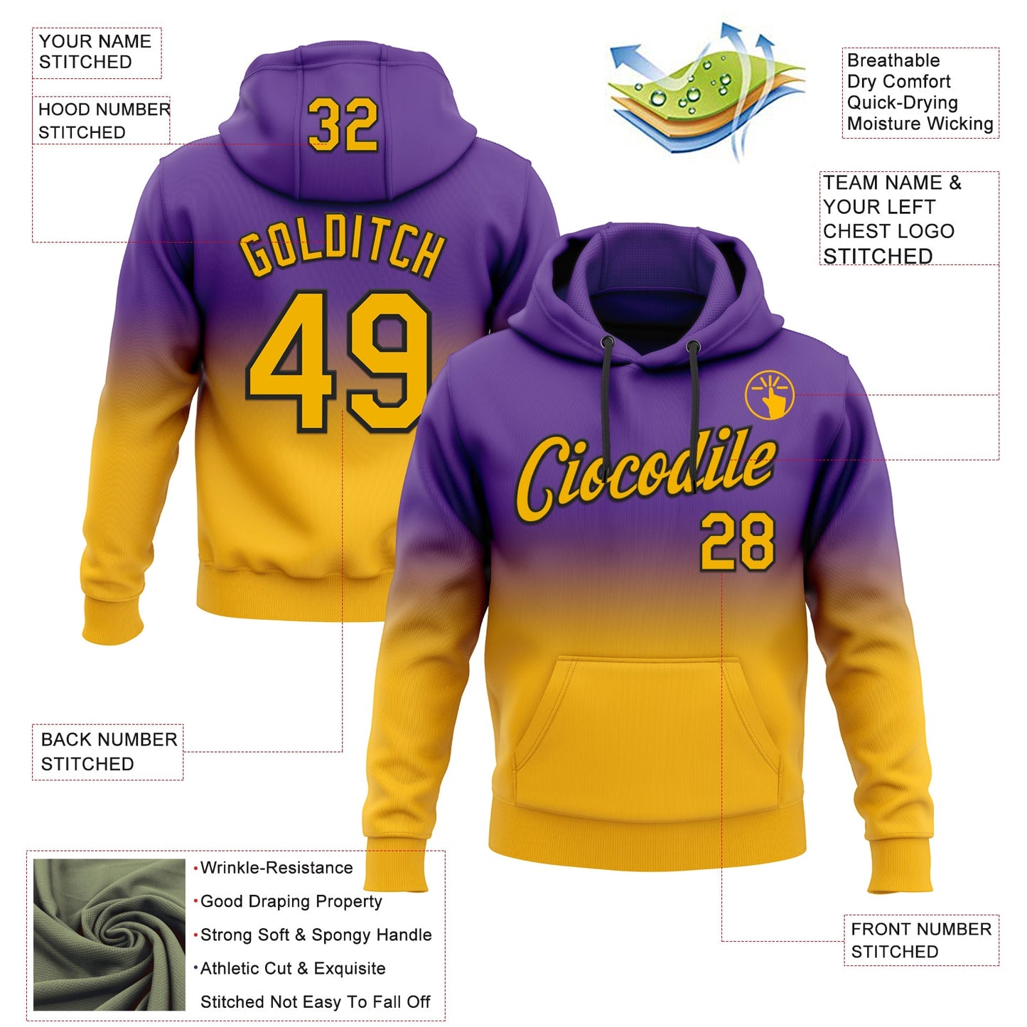 Custom Stitched Purple Gold-Black Fade Fashion Sports Pullover Sweatshirt Hoodie view 2