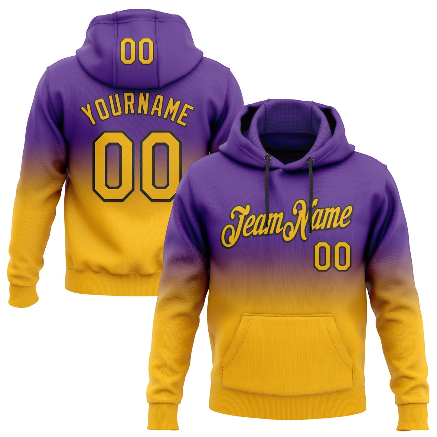 Custom Stitched Purple Gold-Black Fade Fashion Sports Pullover Sweatshirt Hoodie - Main View