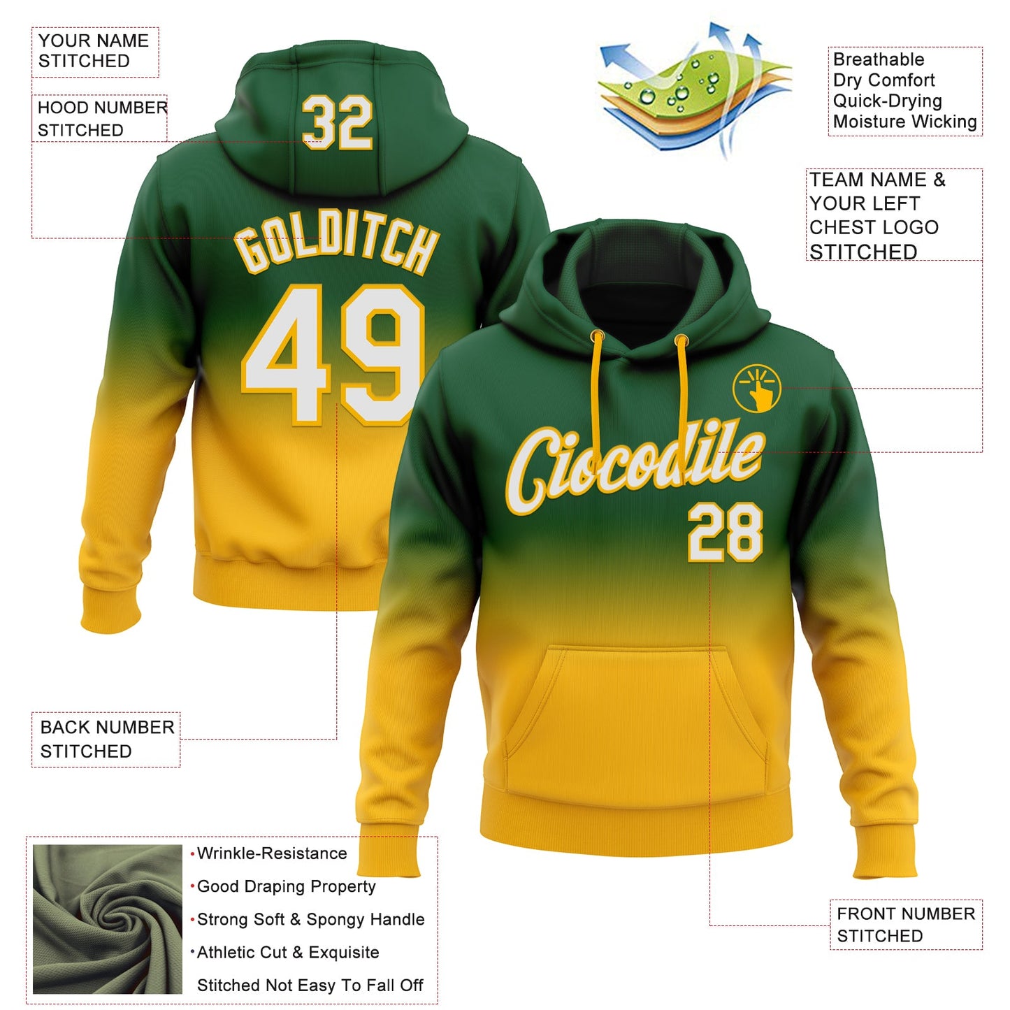 Custom Stitched Green White-Gold Fade Fashion Sports Pullover Sweatshirt Hoodie view 2