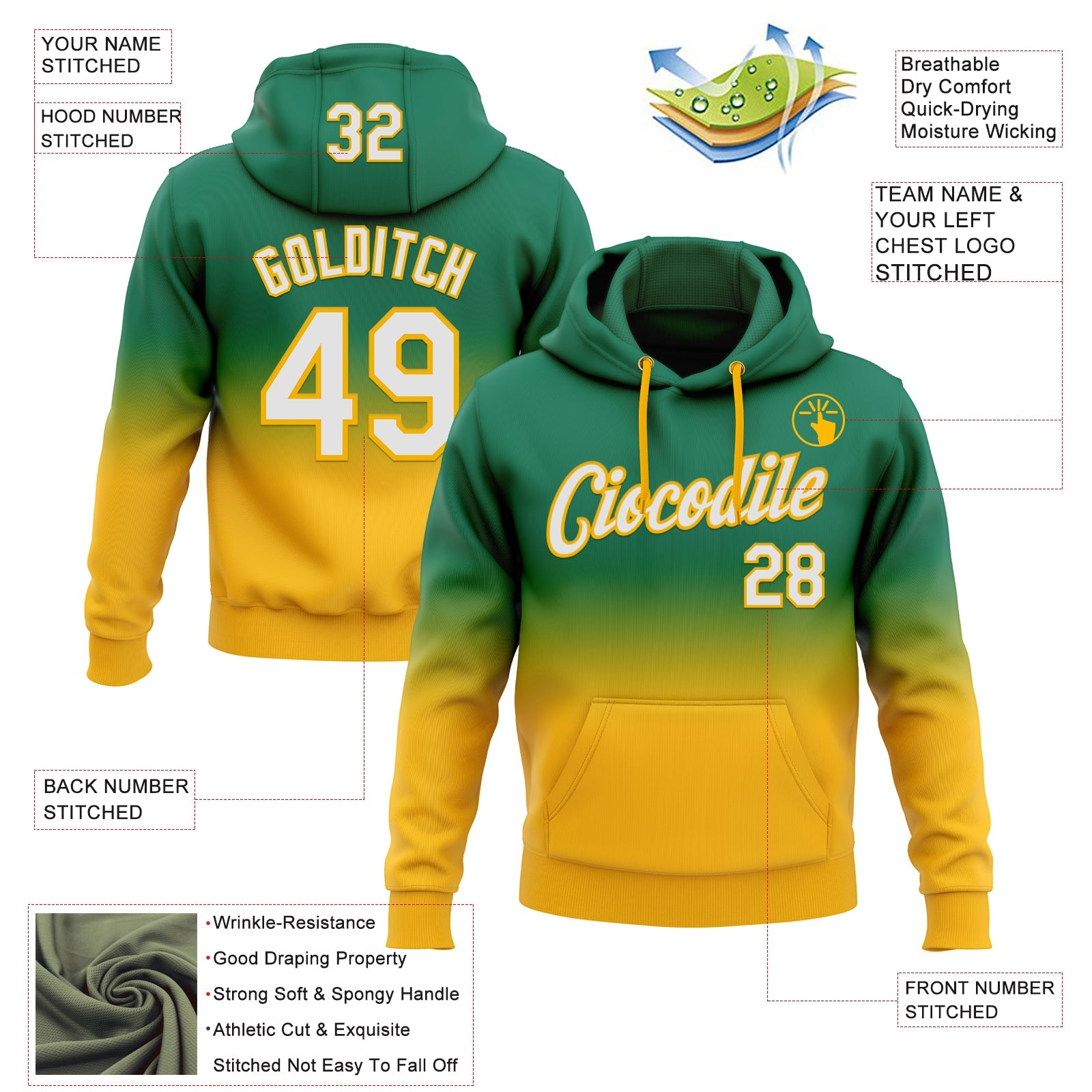 Custom Stitched Kelly Green White-Gold Fade Fashion Sports Pullover Sweatshirt Hoodie view 2