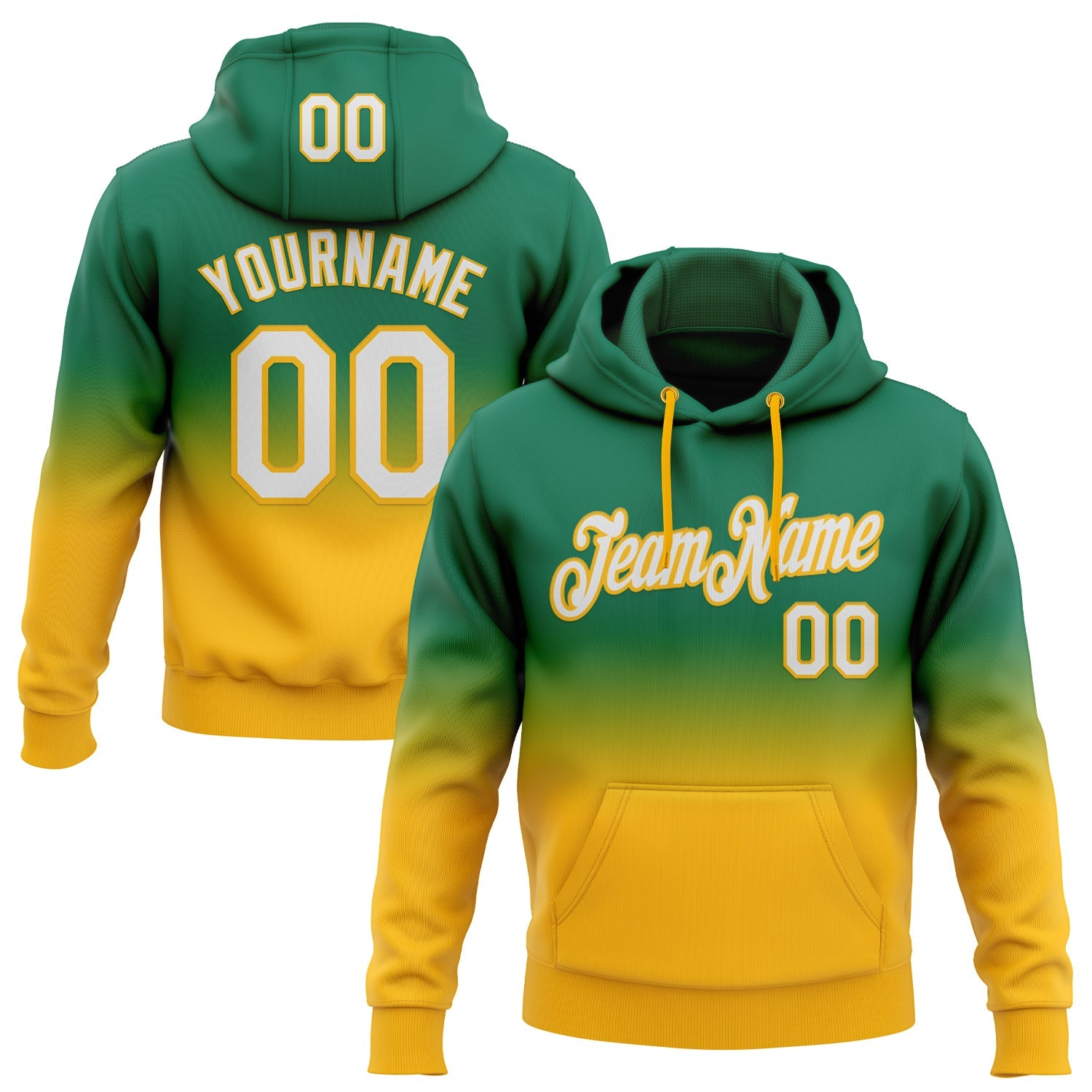 Custom Stitched Kelly Green White-Gold Fade Fashion Sports Pullover Sweatshirt Hoodie - Main View