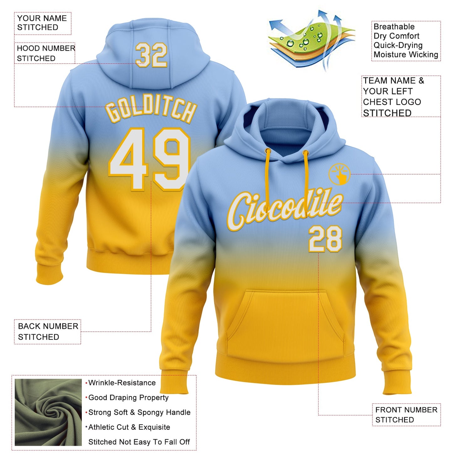 Custom Stitched Light Blue White-Gold Fade Fashion Sports Pullover Sweatshirt Hoodie view 2