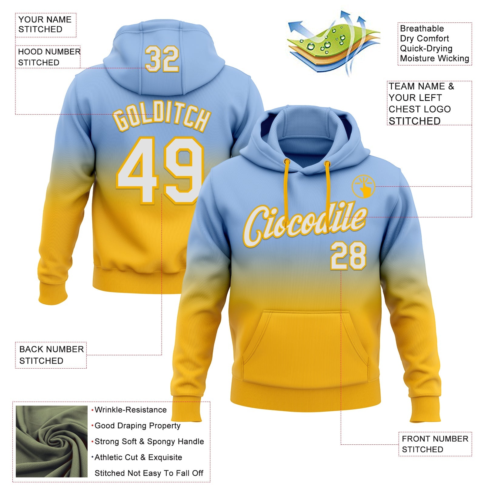 Custom Stitched Light Blue White-Gold Fade Fashion Sports Pullover Sweatshirt Hoodie view 2