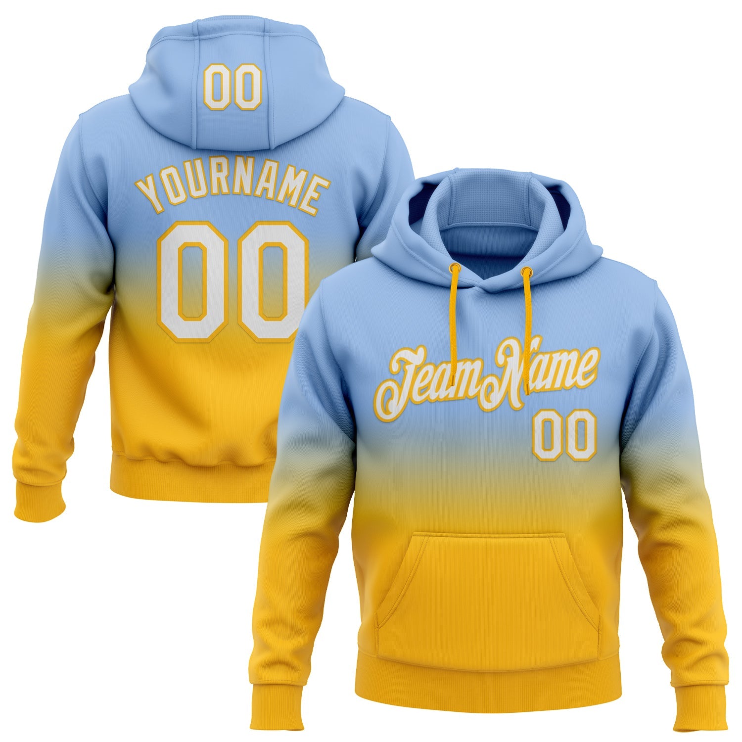 Custom Stitched Light Blue White-Gold Fade Fashion Sports Pullover Sweatshirt Hoodie - Main View
