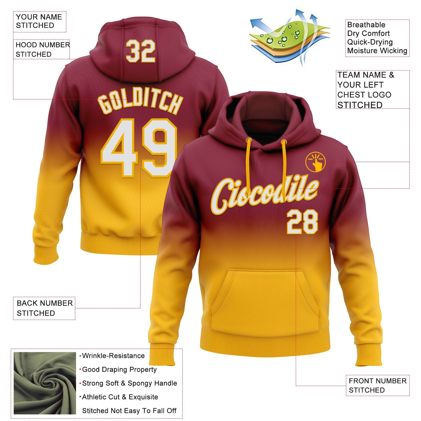 Custom Stitched Crimson White-Gold Fade Fashion Sports Pullover Sweatshirt Hoodie view 2
