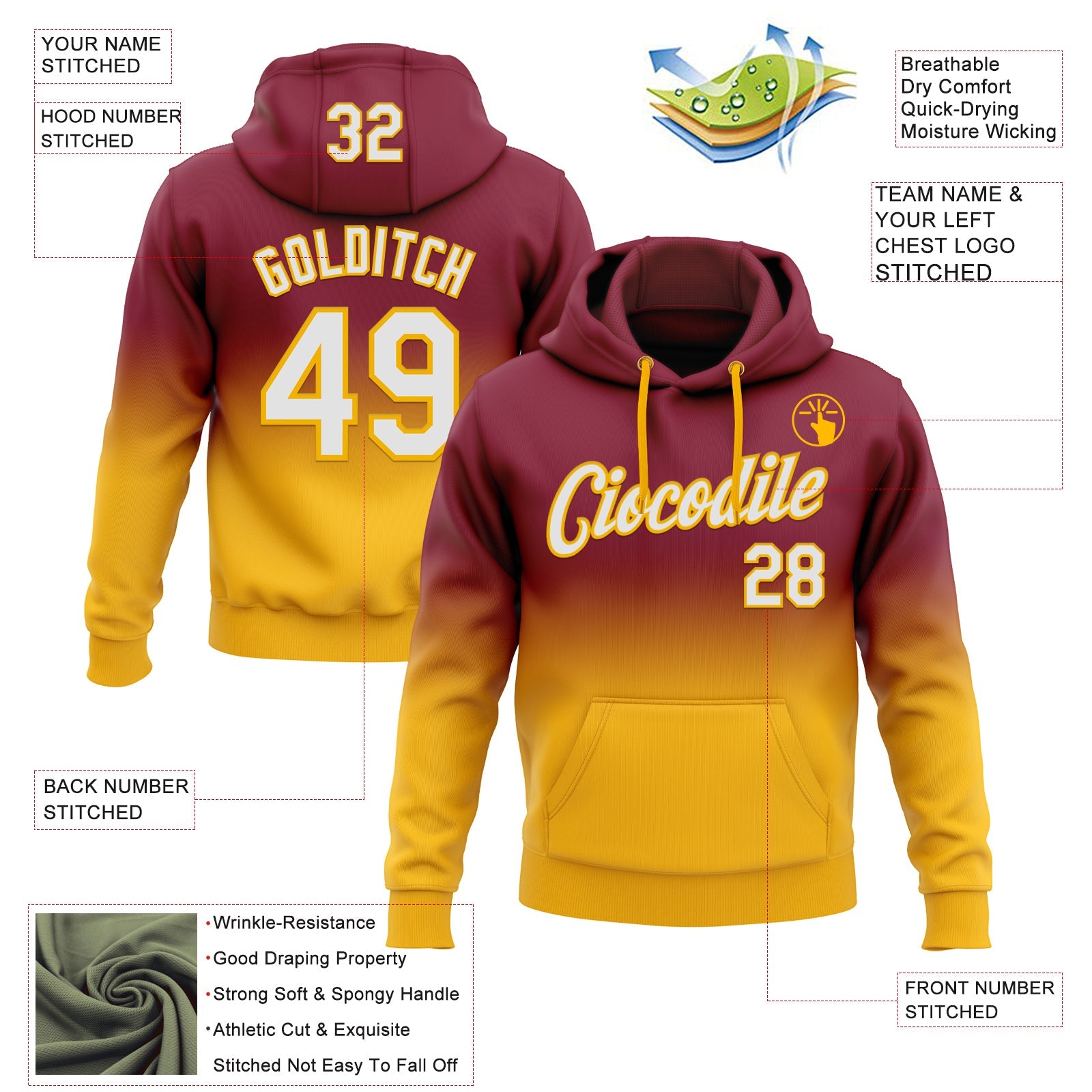 Custom Stitched Crimson White-Gold Fade Fashion Sports Pullover Sweatshirt Hoodie view 2