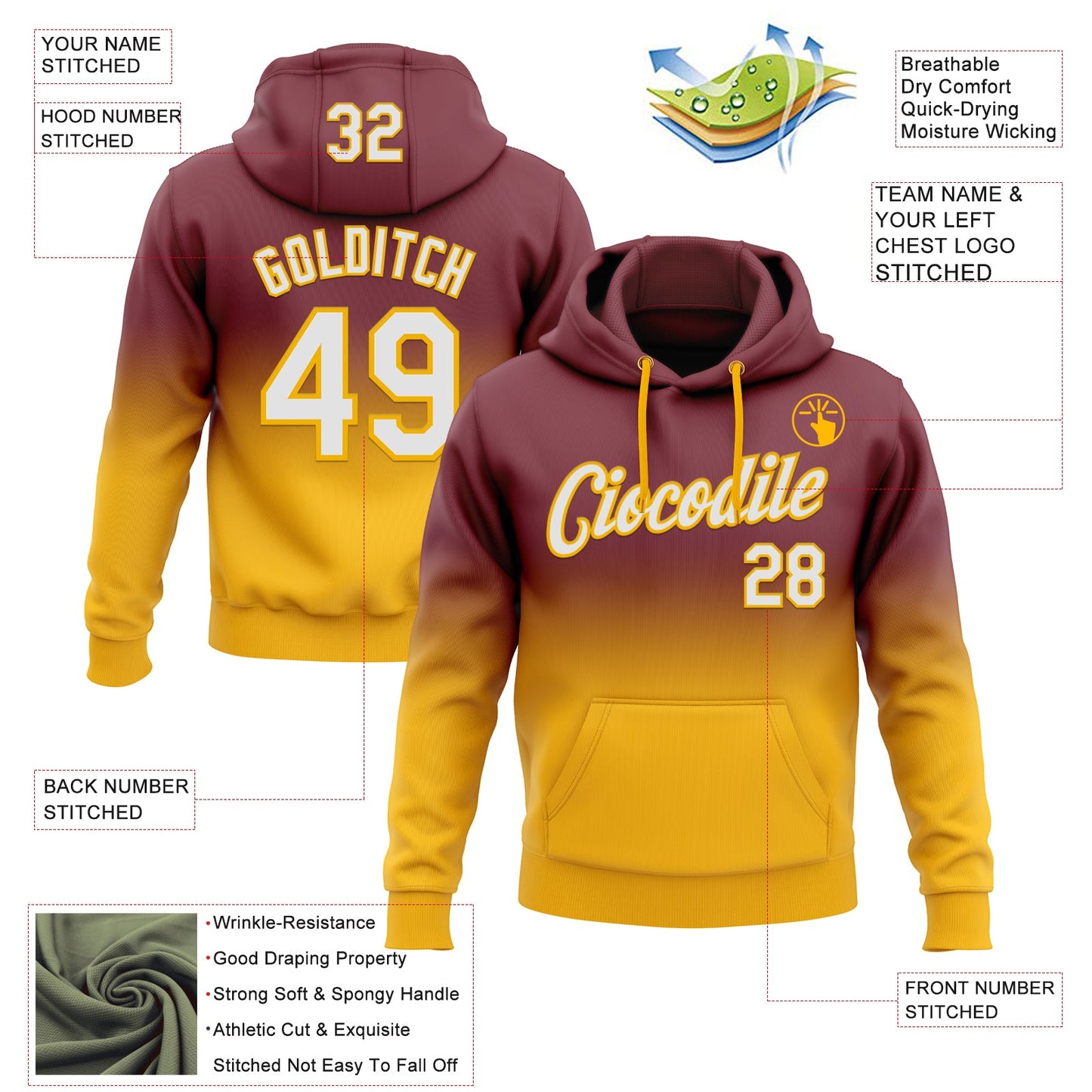 Custom Stitched Burgundy White-Gold Fade Fashion Sports Pullover Sweatshirt Hoodie view 2