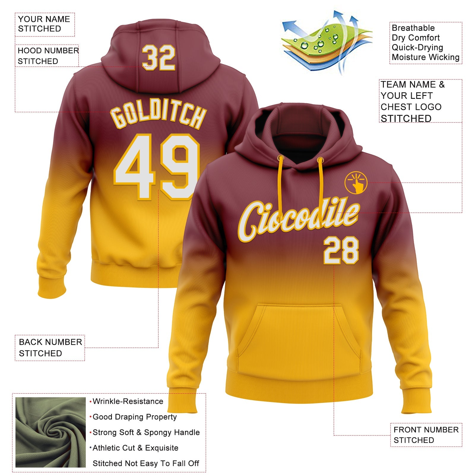 Custom Stitched Burgundy White-Gold Fade Fashion Sports Pullover Sweatshirt Hoodie view 2