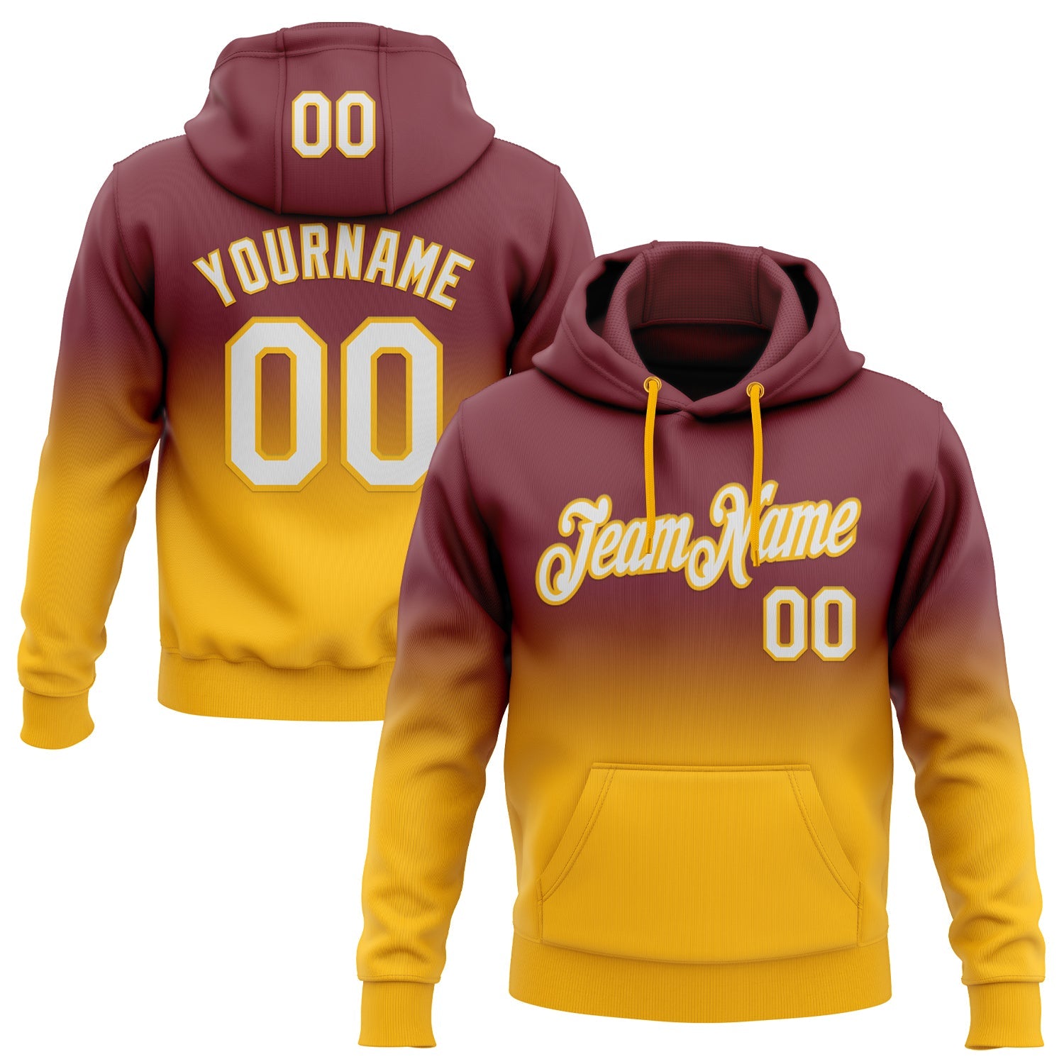 Custom Stitched Burgundy White-Gold Fade Fashion Sports Pullover Sweatshirt Hoodie - Main View
