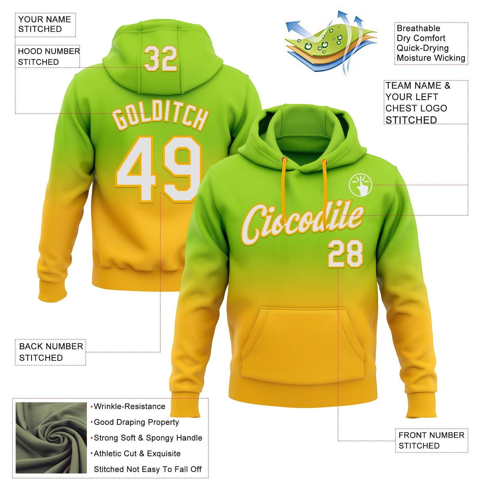 Custom Stitched Neon Green White-Gold Fade Fashion Sports Pullover Sweatshirt Hoodie view 2