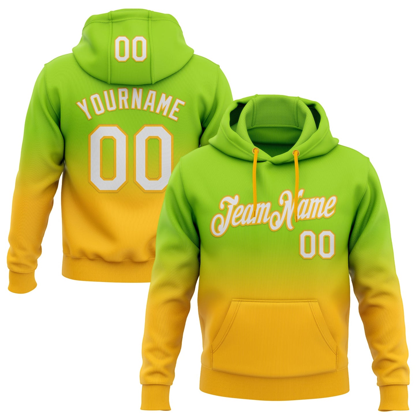 Custom Stitched Neon Green White-Gold Fade Fashion Sports Pullover Sweatshirt Hoodie - Main View
