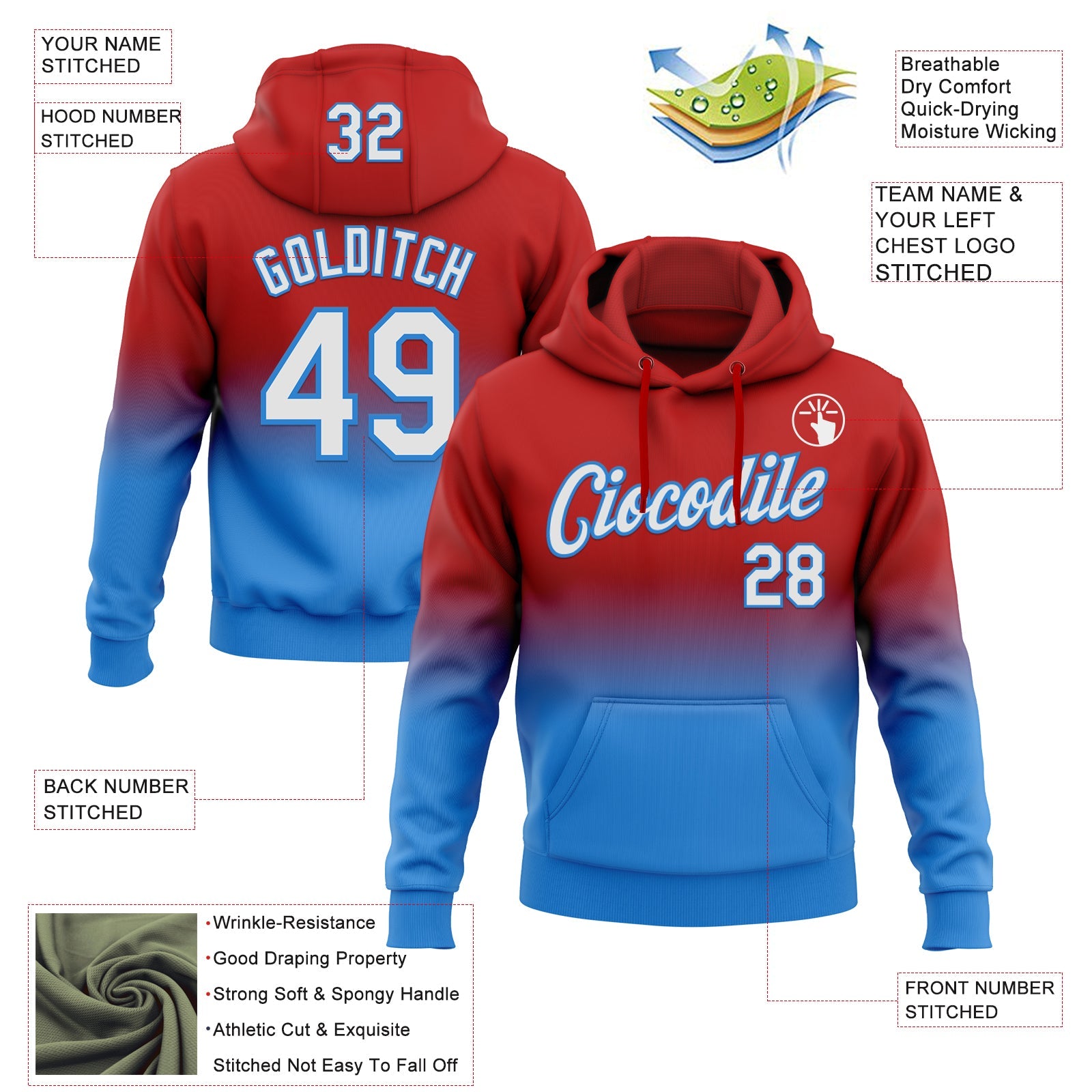Custom Stitched Red White-Powder Blue Fade Fashion Sports Pullover Sweatshirt Hoodie view 2