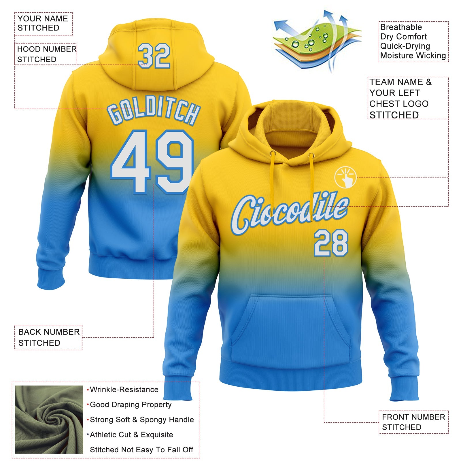 Custom Stitched Yellow White-Powder Blue Fade Fashion Sports Pullover Sweatshirt Hoodie view 2