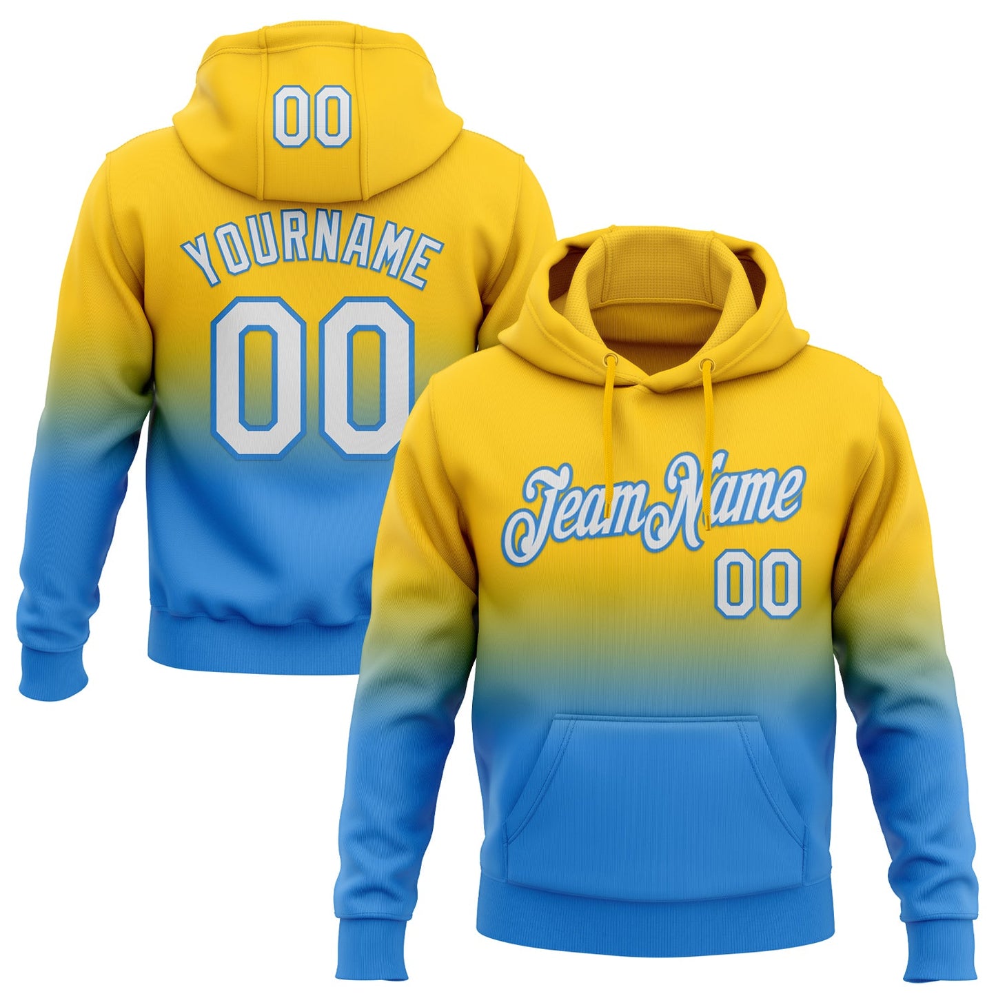 Custom Stitched Yellow White-Powder Blue Fade Fashion Sports Pullover Sweatshirt Hoodie - Main View