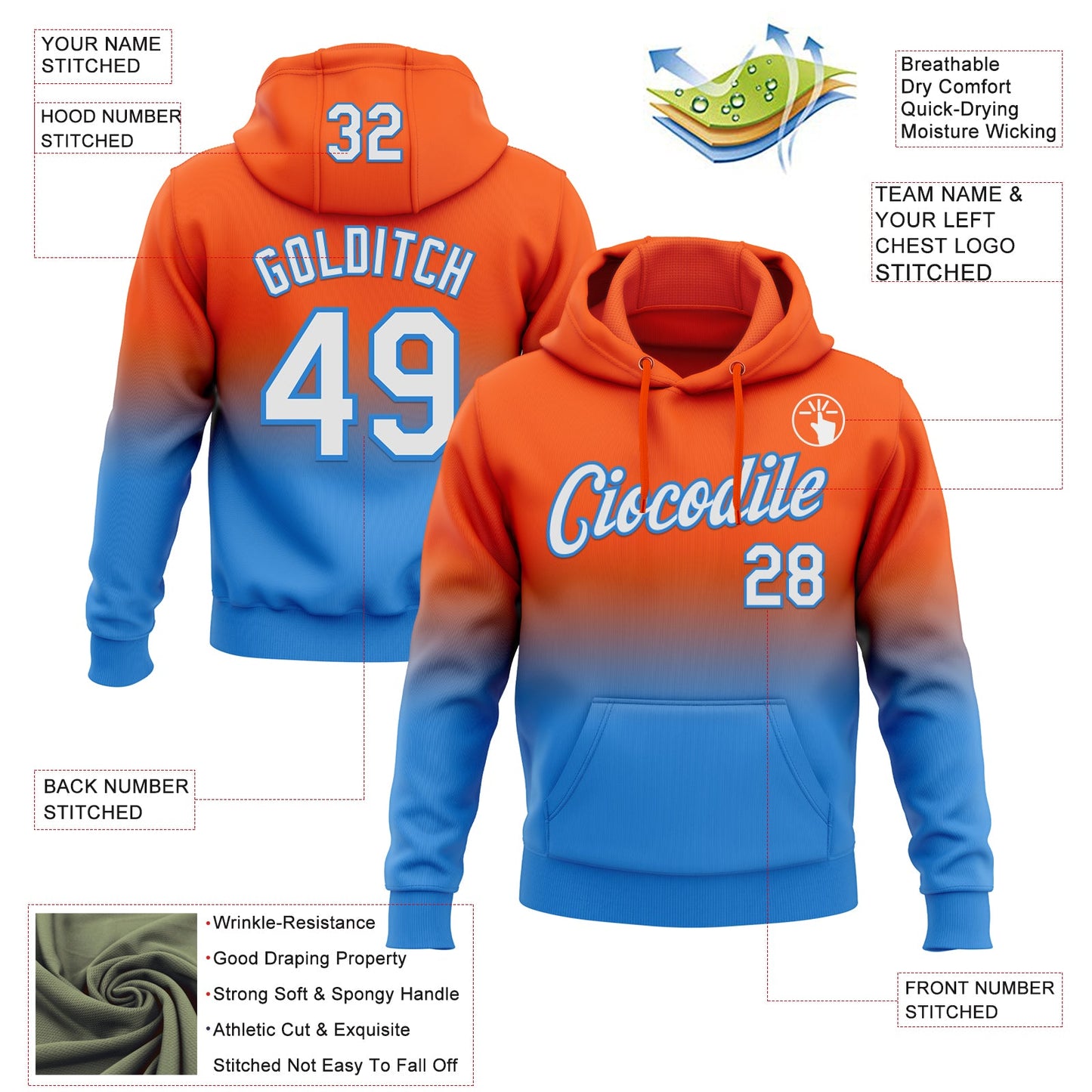 Custom Stitched Orange White-Powder Blue Fade Fashion Sports Pullover Sweatshirt Hoodie view 2