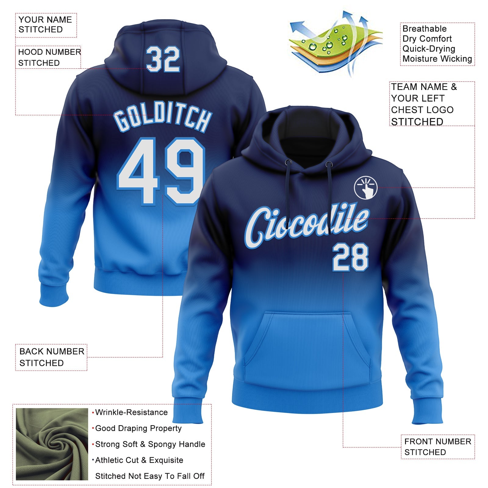 Custom Stitched Navy White-Powder Blue Fade Fashion Sports Pullover Sweatshirt Hoodie view 2