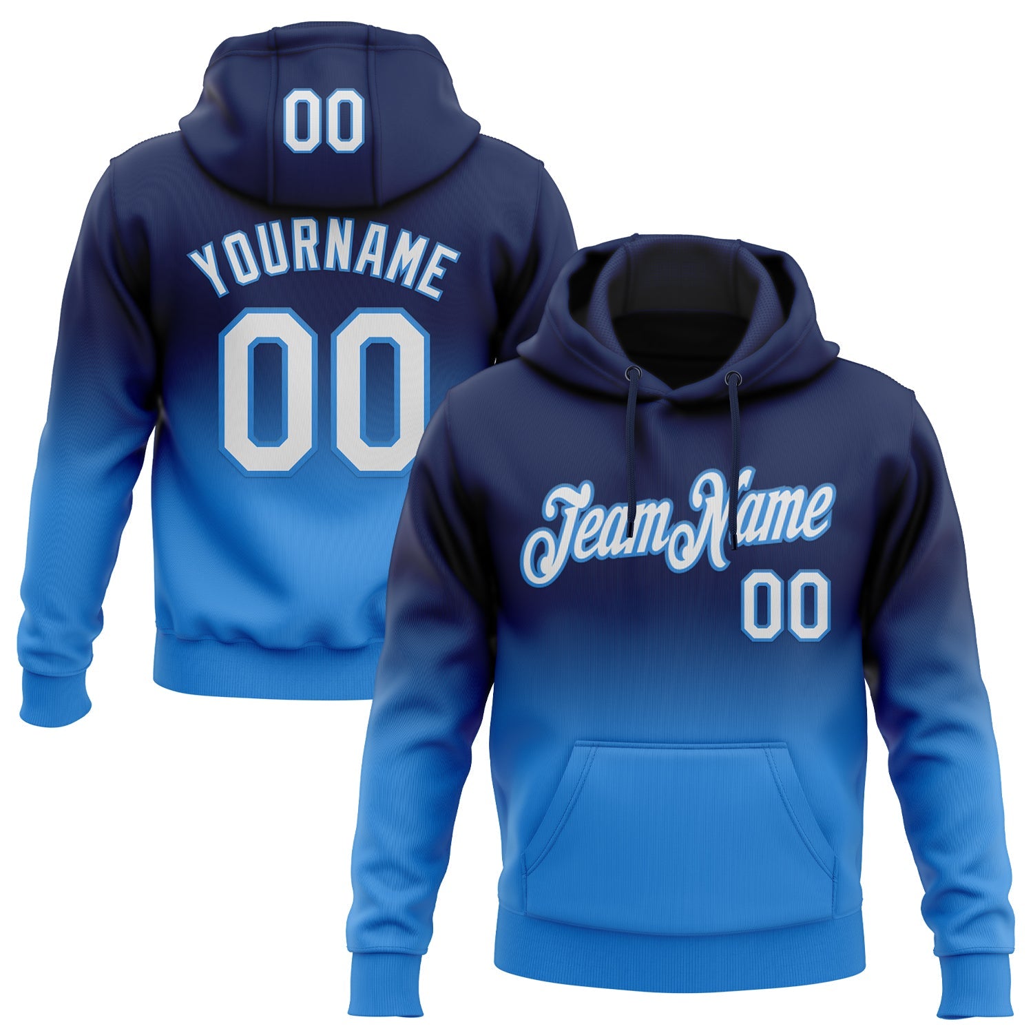 Custom Stitched Navy White-Powder Blue Fade Fashion Sports Pullover Sweatshirt Hoodie - Main View