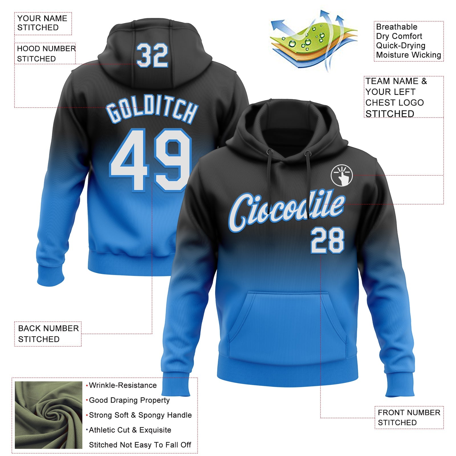Custom Stitched Black White-Powder Blue Fade Fashion Sports Pullover Sweatshirt Hoodie view 2