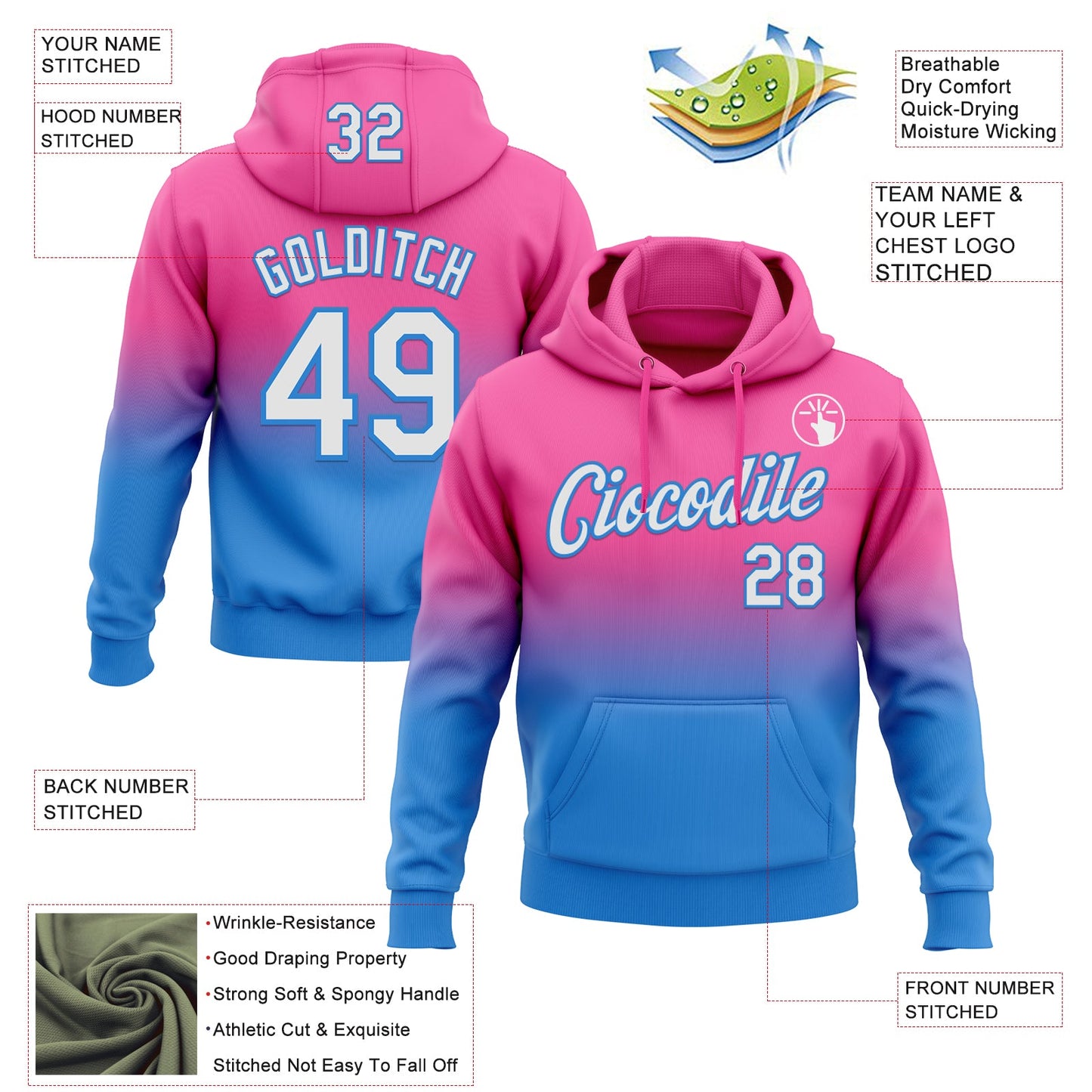Custom Stitched Pink White-Powder Blue Fade Fashion Sports Pullover Sweatshirt Hoodie view 2