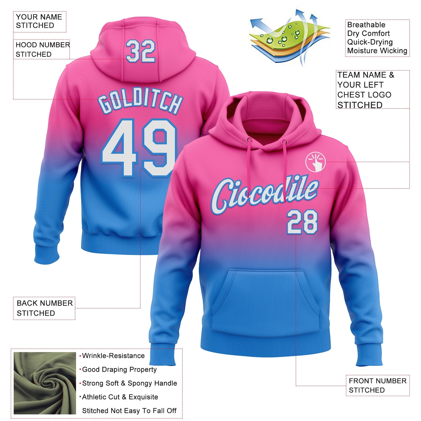 Custom Stitched Pink White-Powder Blue Fade Fashion Sports Pullover Sweatshirt Hoodie view 2