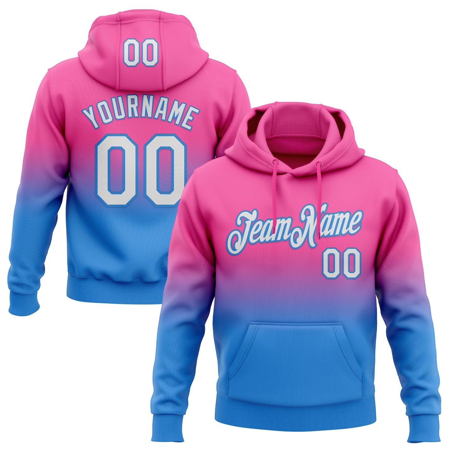 Custom Stitched Pink White-Powder Blue Fade Fashion Sports Pullover Sweatshirt Hoodie - Main View