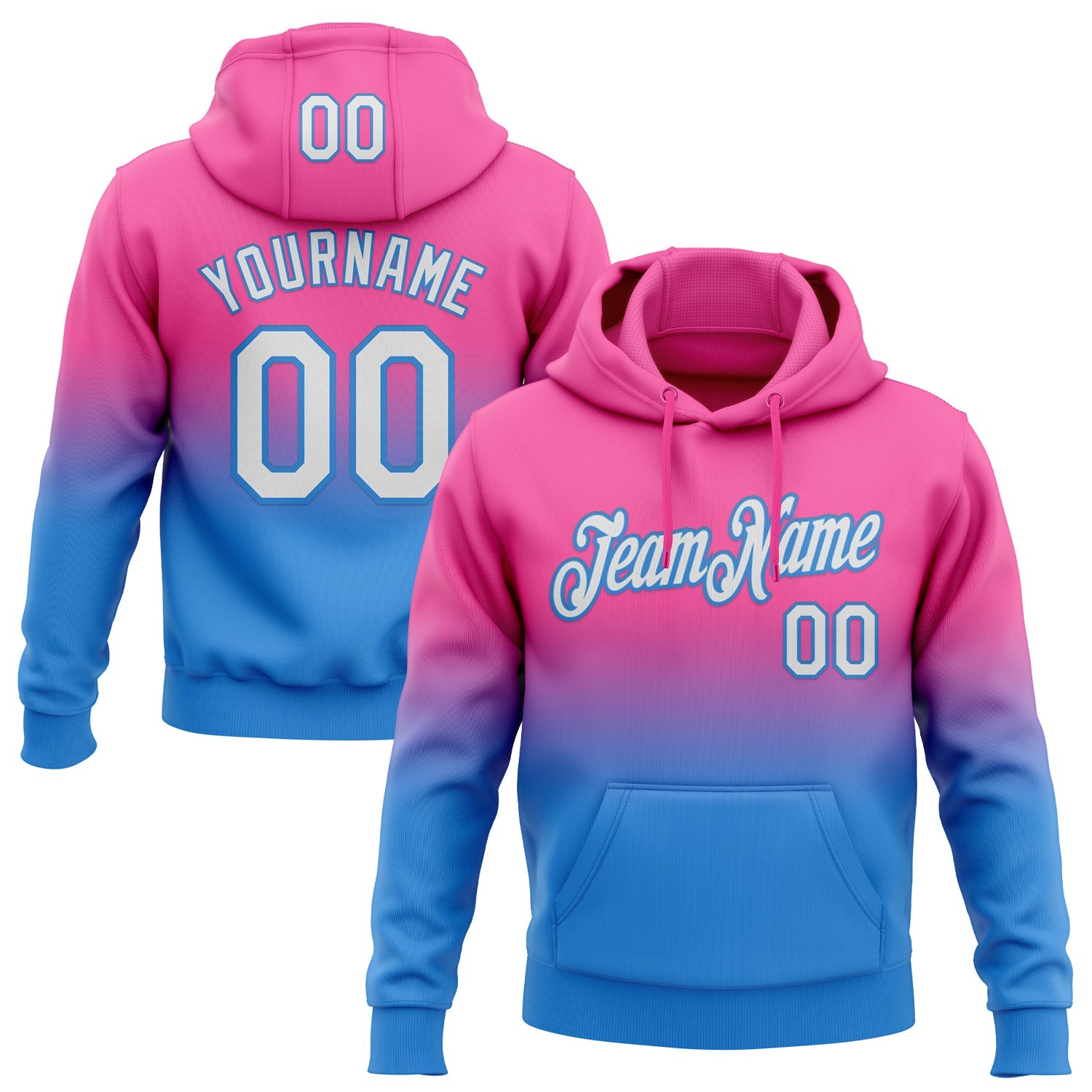 Custom Stitched Pink White-Powder Blue Fade Fashion Sports Pullover Sweatshirt Hoodie - Main View
