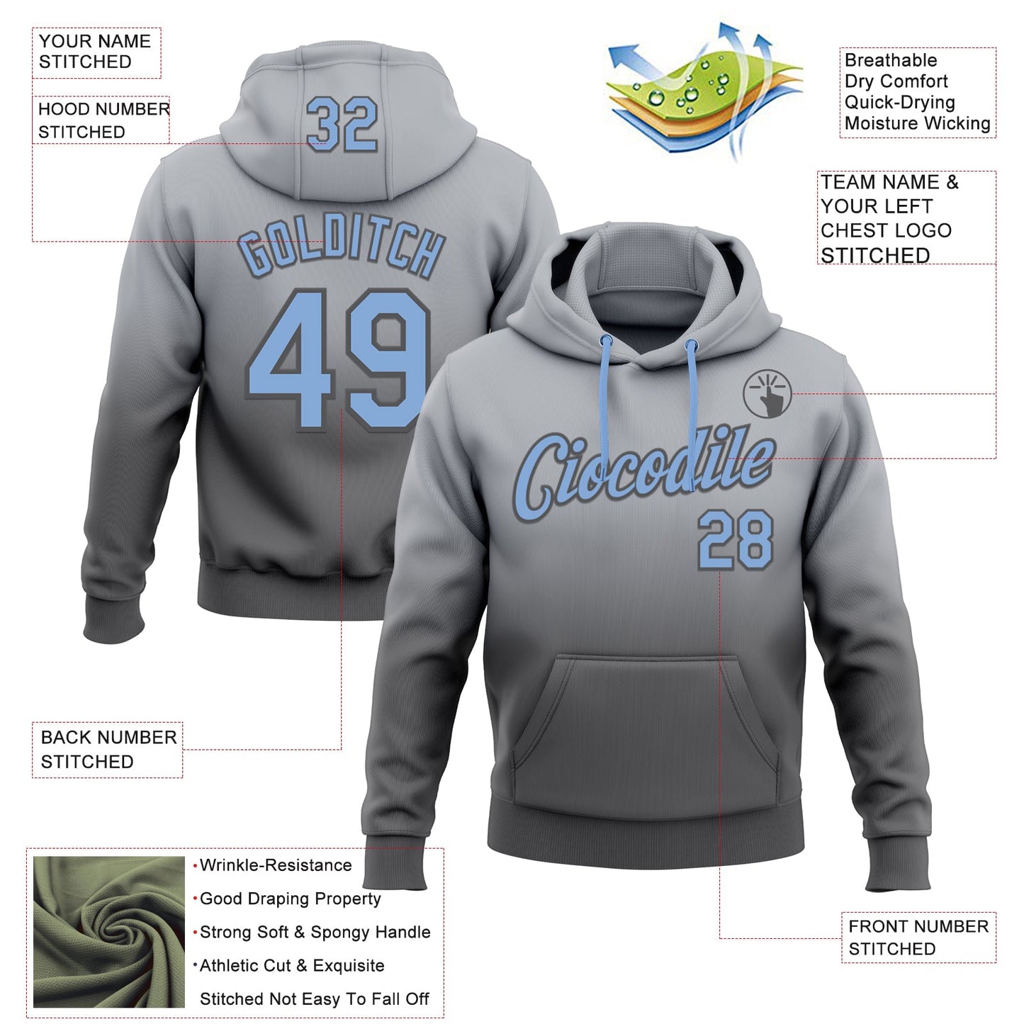 Custom Stitched Gray Light Blue-Steel Gray Fade Fashion Sports Pullover Sweatshirt Hoodie view 2