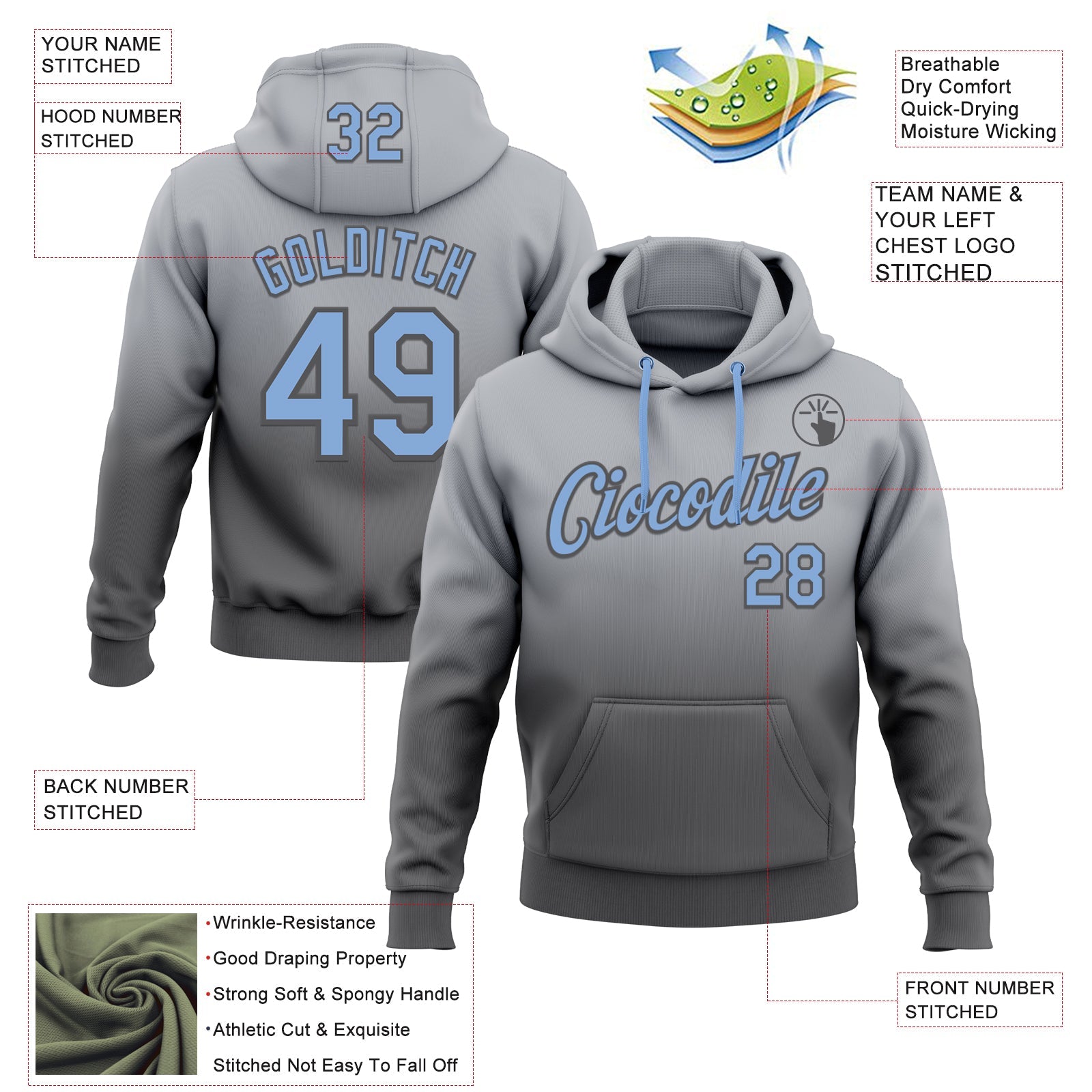 Custom Stitched Gray Light Blue-Steel Gray Fade Fashion Sports Pullover Sweatshirt Hoodie view 2