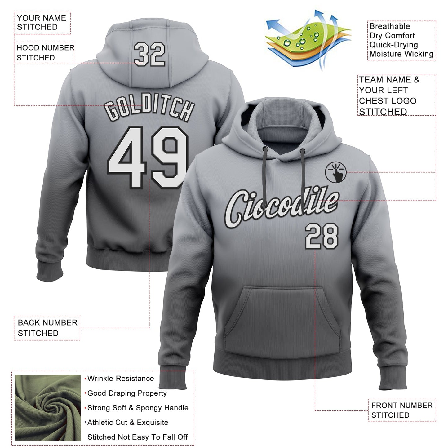 Custom Stitched Gray White Steel Gray-Black Fade Fashion Sports Pullover Sweatshirt Hoodie view 2