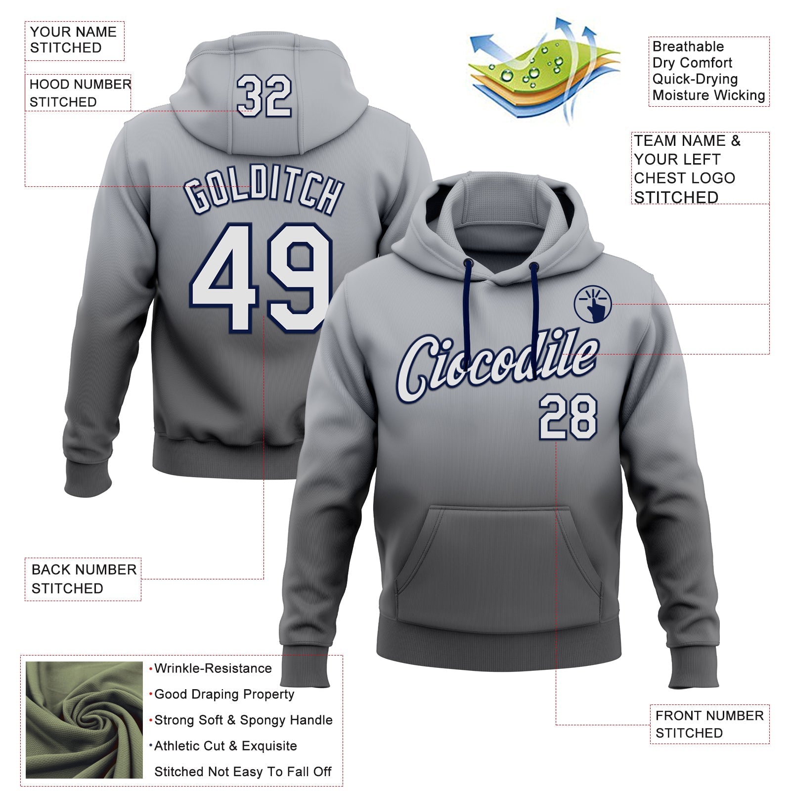Custom Stitched Gray White Steel Gray-Navy Fade Fashion Sports Pullover Sweatshirt Hoodie view 2